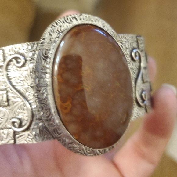 New Oversized Seam Agate 925 Silver Cuff Bracelet. - Picture 5 of 15